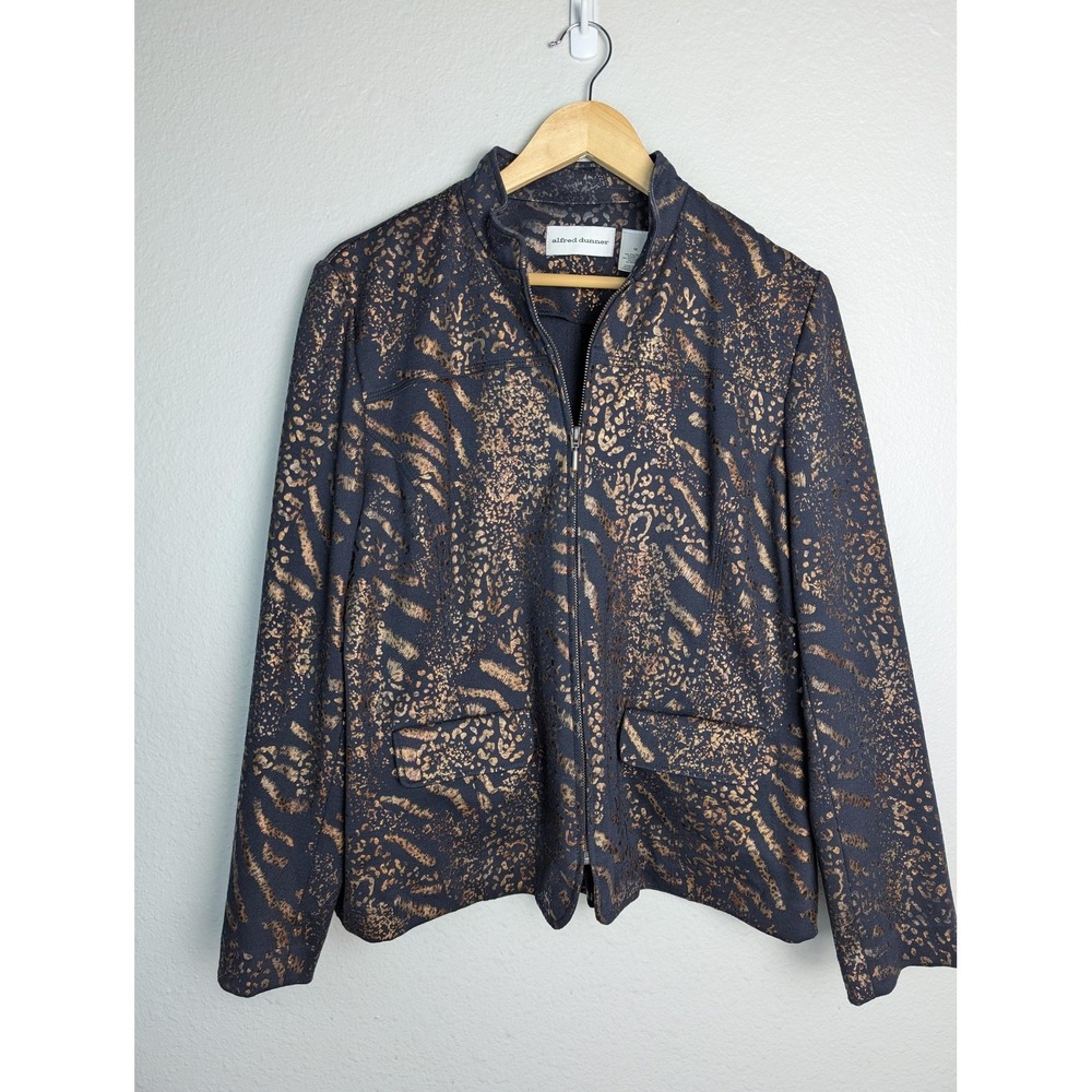 Alfred Dunner Jacket Womens 10 Black Animal Print‎ Full Zip Collared Short
